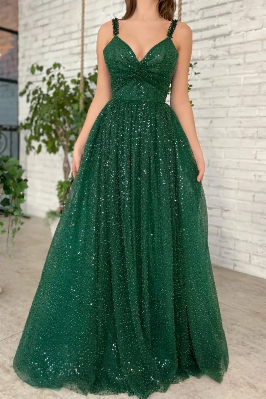 Freyja | A-line V Neck Long/Floor-Length Tulle Sparkling Prom Dress With Beading Sequins Glitter sold by KissProm