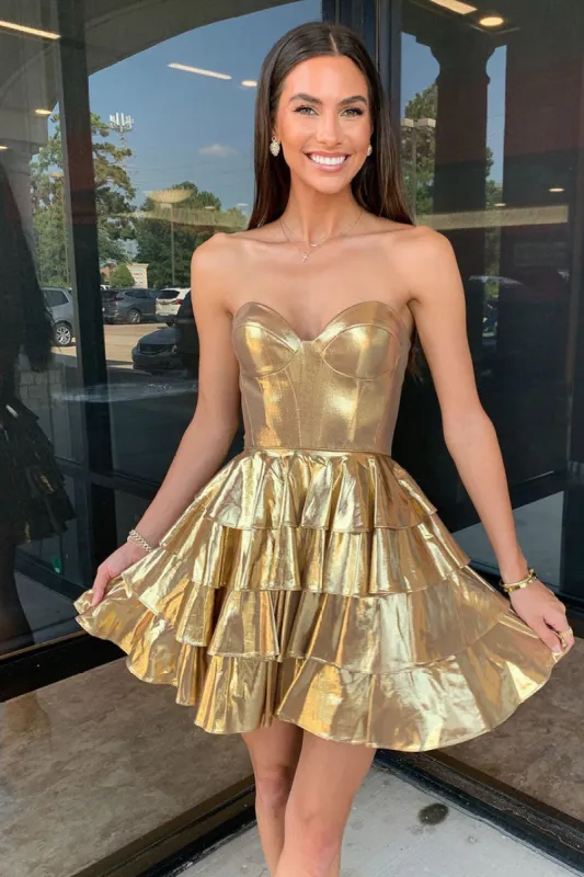 Bonny | Sweetheart Gold Metallic A-Line Ruffle Homecoming Dress sold by KissProm