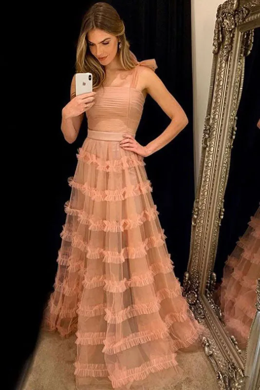 Kamari | Elegant Straps Peach Long Prom Dress with Cascading Ruffles sold by KissProm