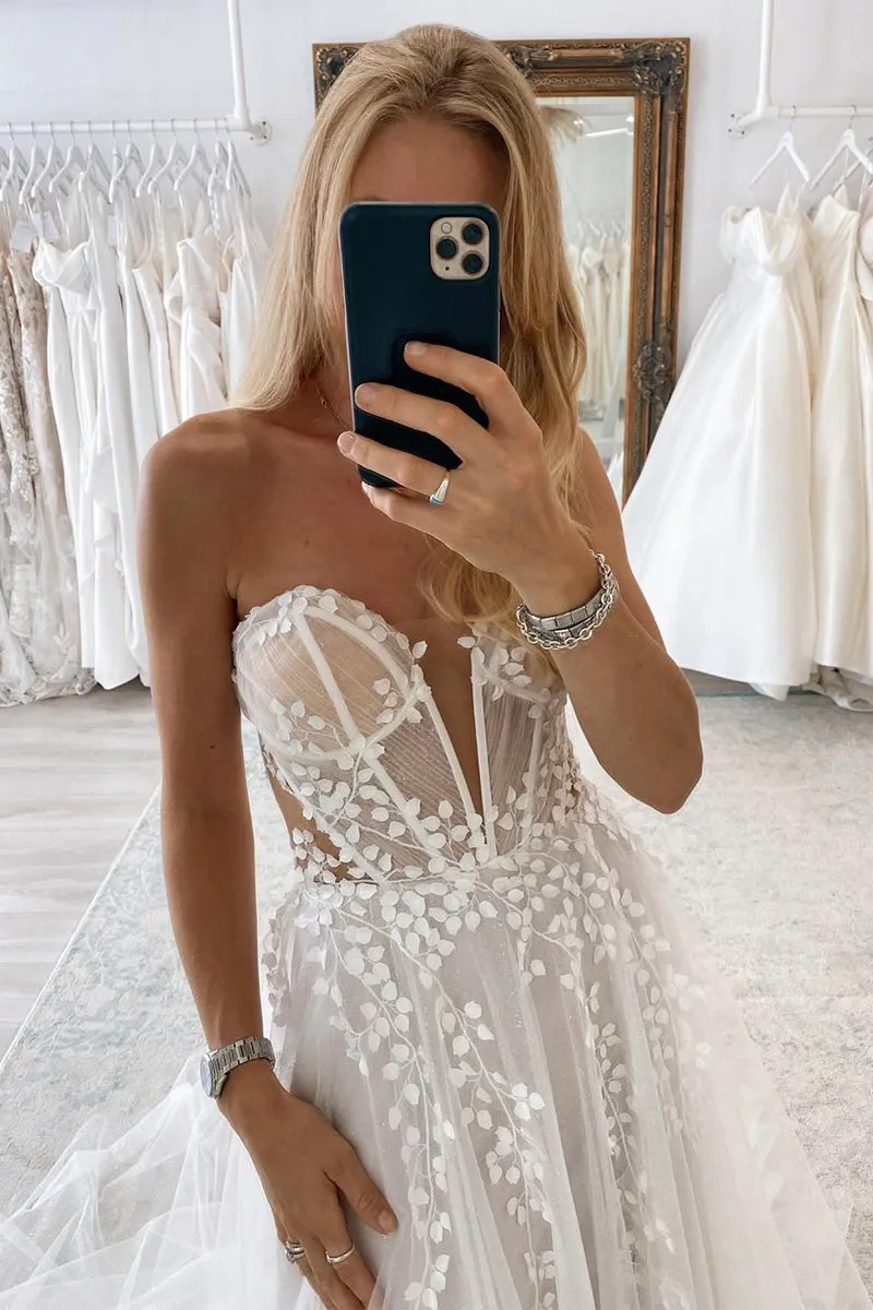 A-Line Sweetheart Tulle Appliques Wedding Dresses sold by KissProm product image thumbnail 5