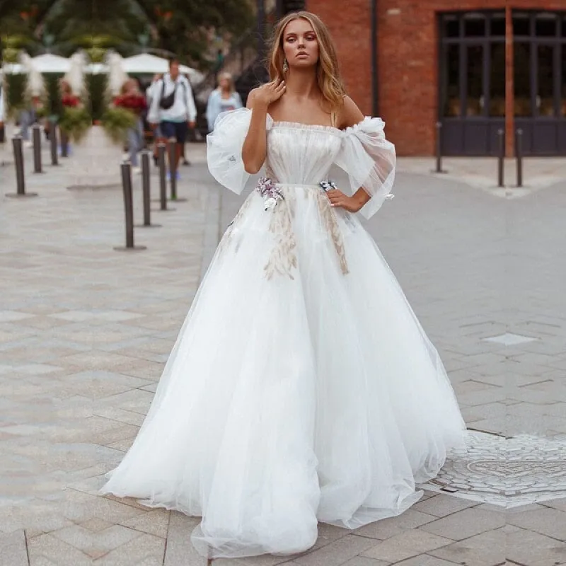 A-Line Tulle Princess Off the Shoulder Wedding Dress sold by KissProm