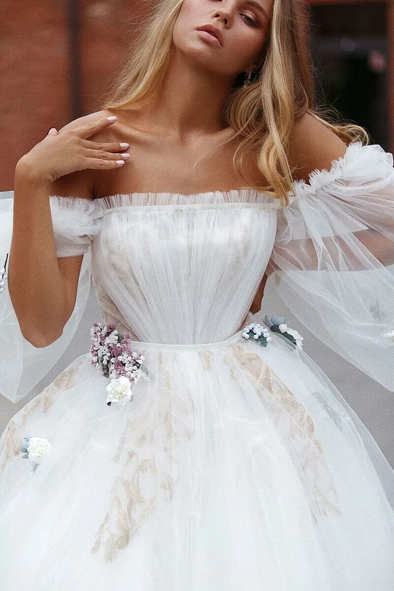 A-Line Tulle Princess Off the Shoulder Wedding Dress sold by KissProm product image thumbnail 3