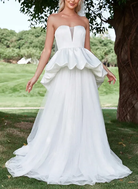 A-Line Strapless Sleeveless Sweep Train Satin Tulle Wedding Dresses With Cascading Ruffles sold by KissProm