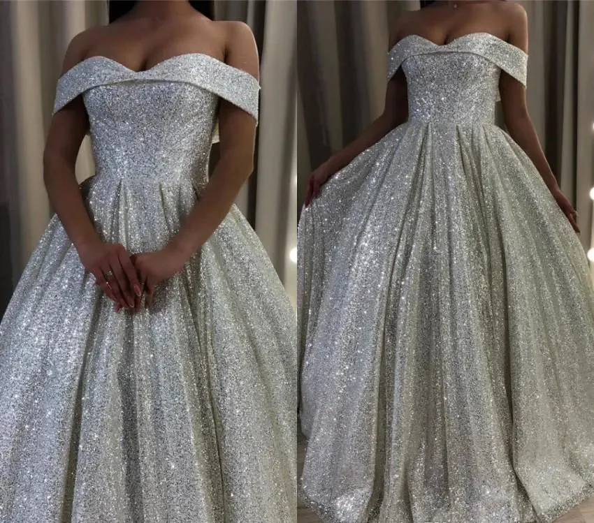 Shiny Silver Sequin A-Line Wedding Dresses Off the Shoulder sold by KissProm product image thumbnail 2