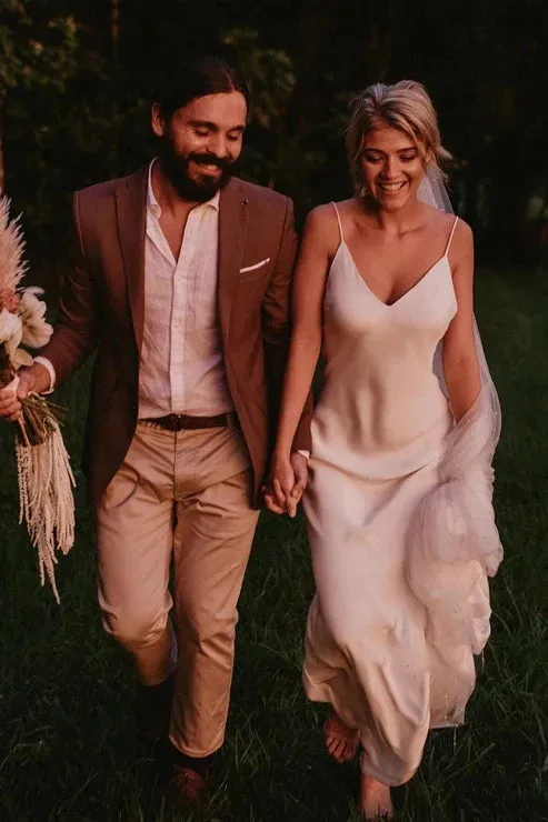 Spaghetti Straps V-neck Simple Beach Wedding Dress sold by KissProm