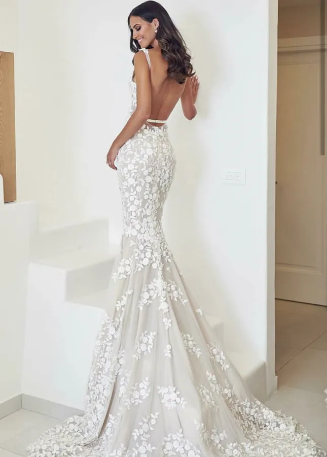 V-Neck Backless Floral Lace Appliques Wedding Dresses with Mermaid Train sold by KissProm product image thumbnail 2