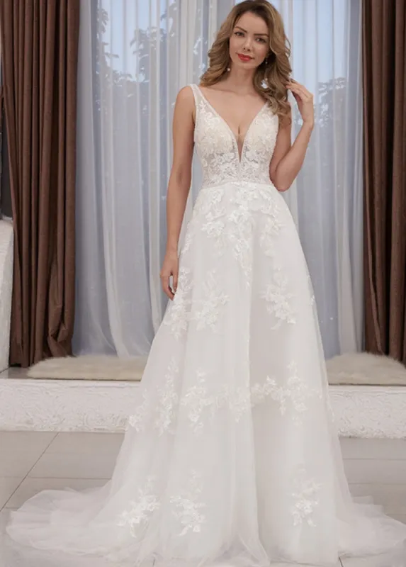 Appliqued Lace Appliques Sleeveless Beach Wedding Gowns with V-Neckline sold by KissProm