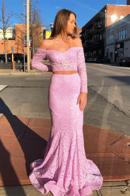 Off the Shoulder Pink Lace Long Prom Dress sold by KissProm