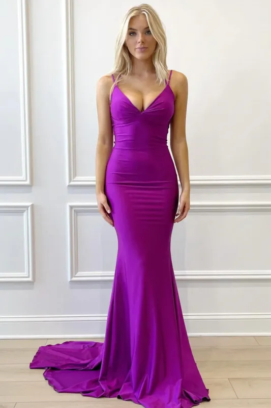 Purple Spaghetti Straps Lace-Up Mermaid Long Formal Dress made by KissProm