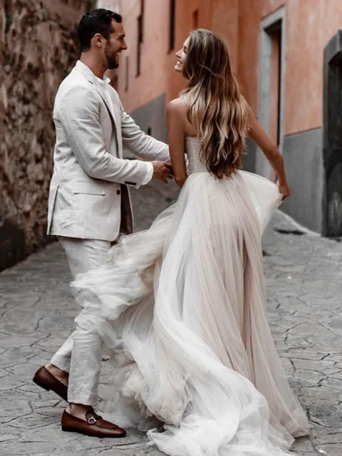 A-Line Sweetheart Tulle Long Wedding Dresses sold by KissProm product image thumbnail 4