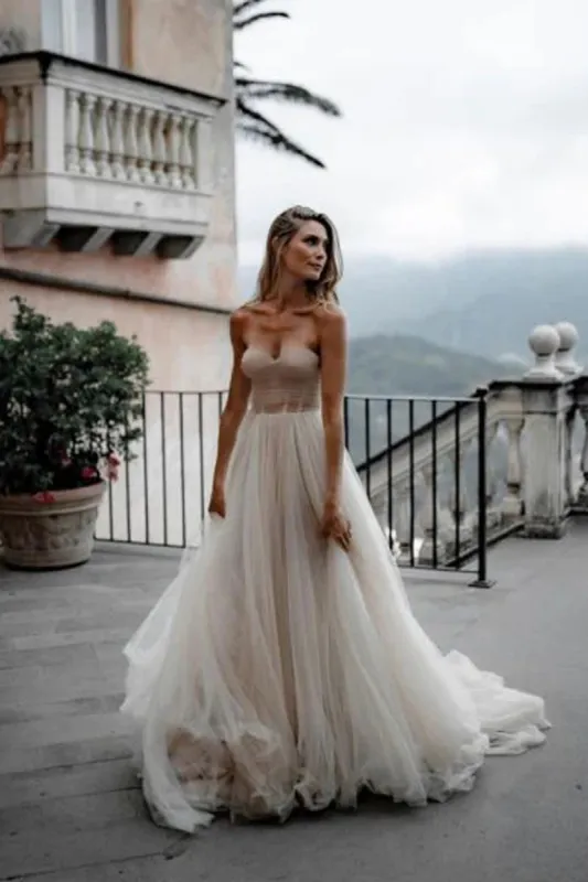 A-Line Sweetheart Tulle Long Wedding Dresses sold by KissProm