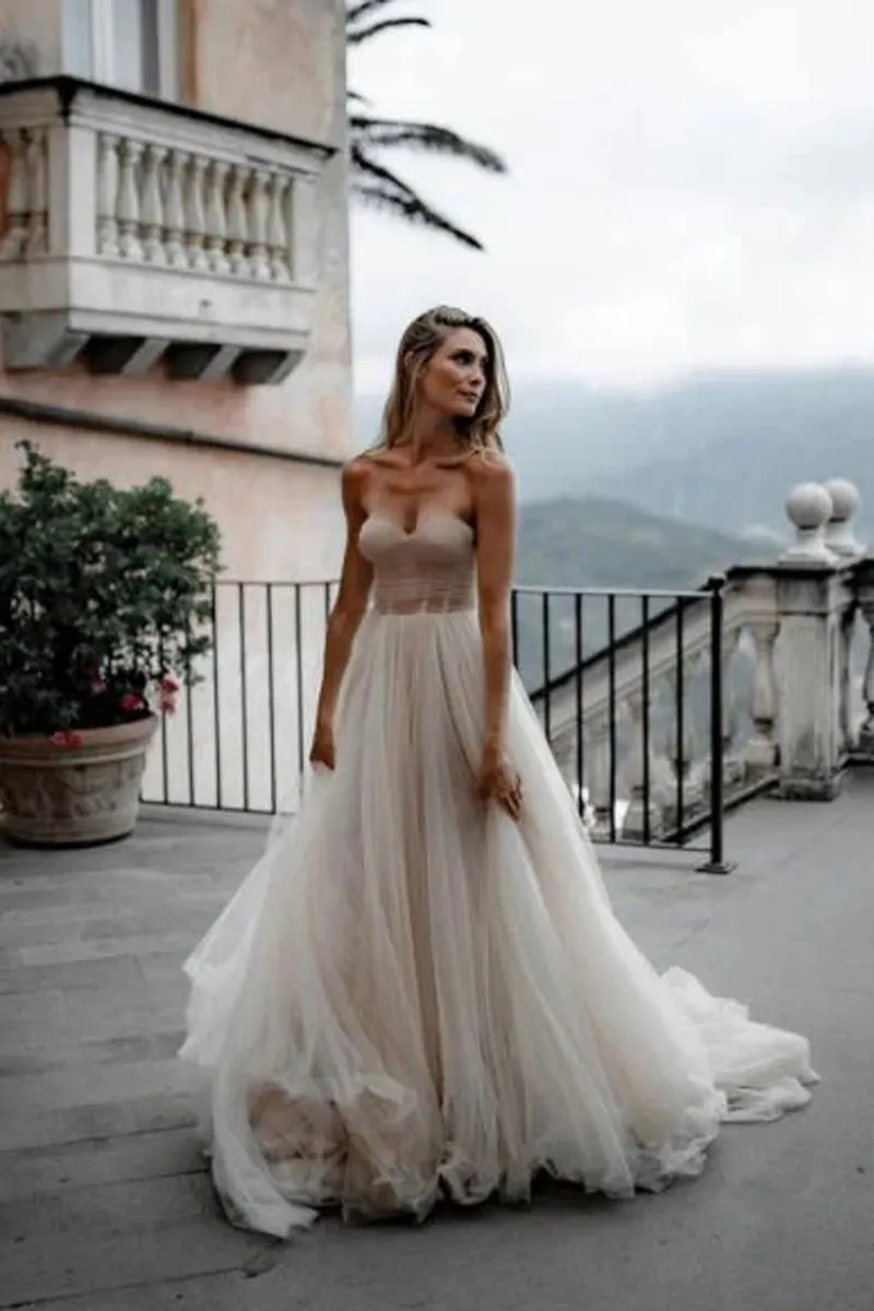 A-Line Sweetheart Tulle Long Wedding Dresses sold by KissProm