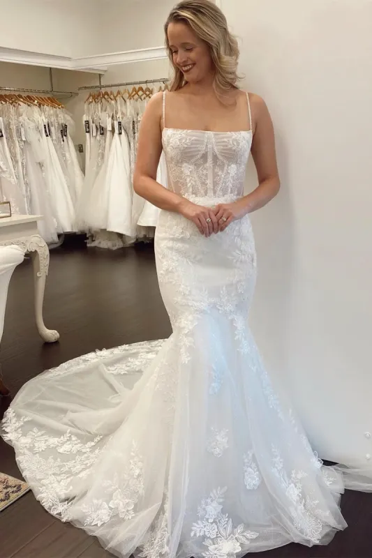 White Lace Spaghetti Straps Mermaid Long Wedding Dress sold by KissProm