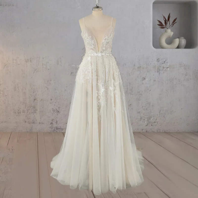 Spaghetti Straps Appliqued Lace Wedding Dress with Feathers sold by KissProm