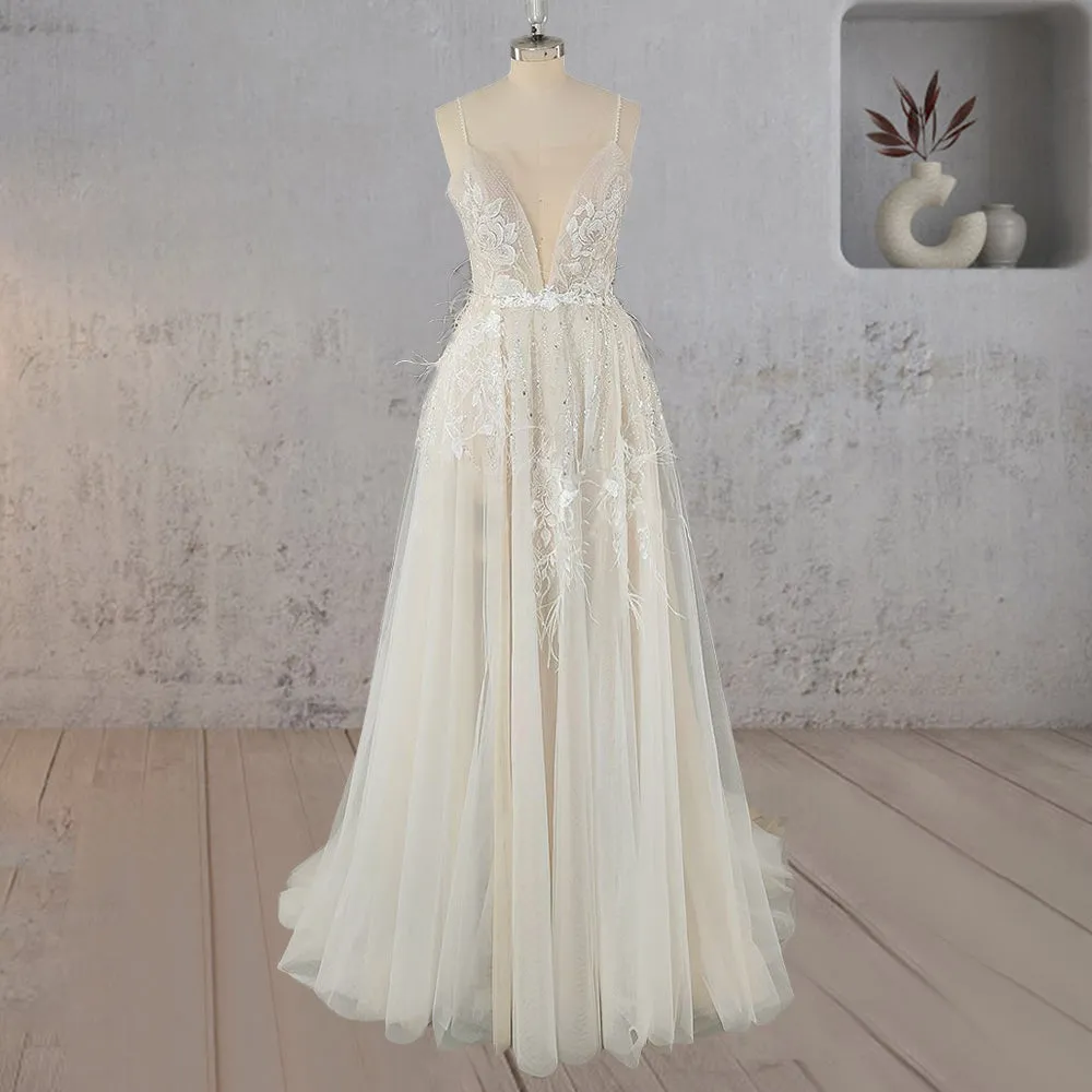Spaghetti Straps Appliqued Lace Wedding Dress with Feathers sold by KissProm