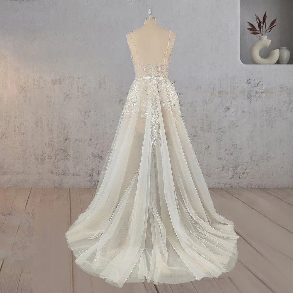 Spaghetti Straps Appliqued Lace Wedding Dress with Feathers sold by KissProm product image thumbnail 2