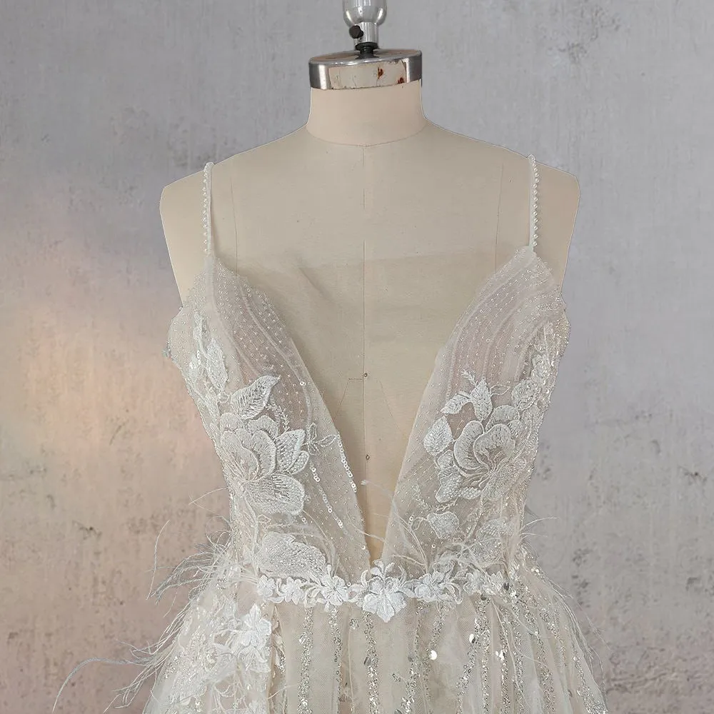 Spaghetti Straps Appliqued Lace Wedding Dress with Feathers sold by KissProm product image thumbnail 4