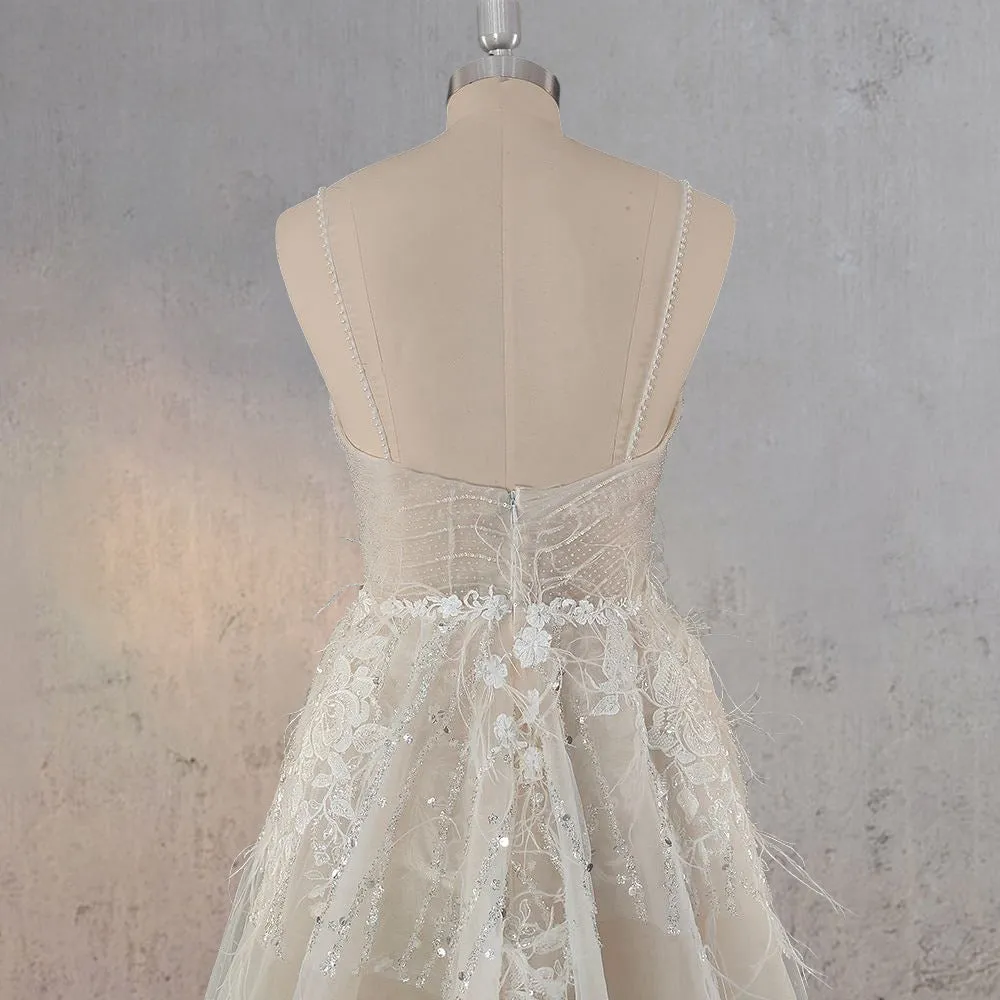 Spaghetti Straps Appliqued Lace Wedding Dress with Feathers sold by KissProm product image thumbnail 5