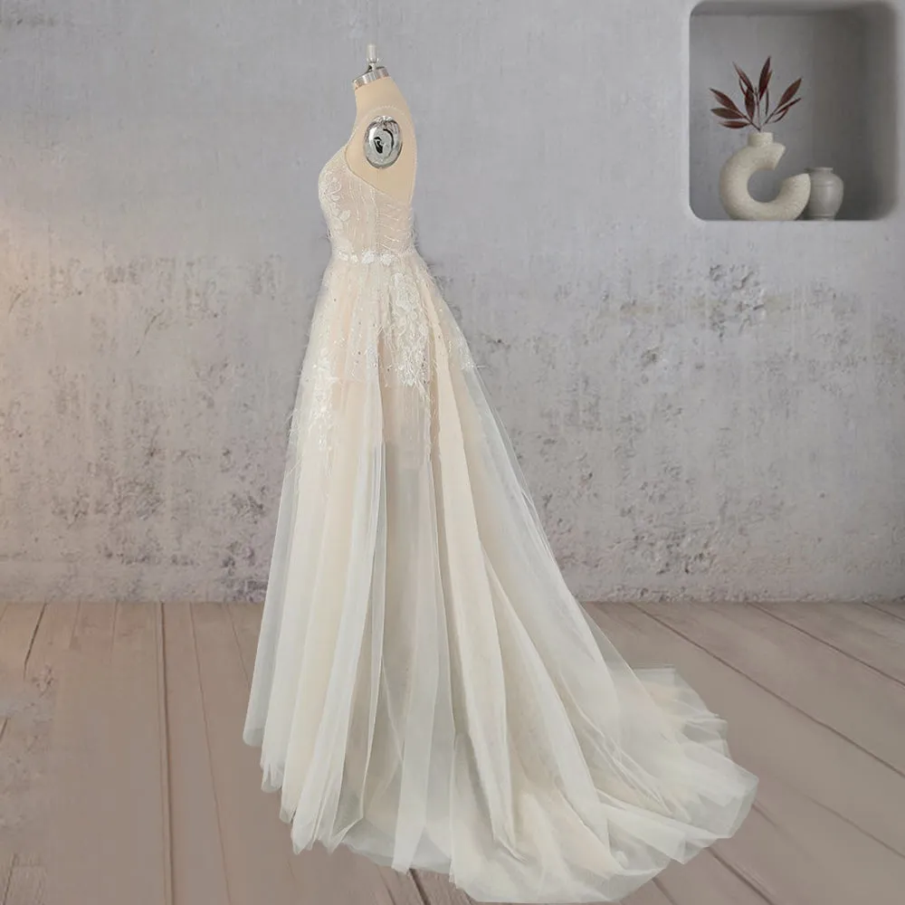 Spaghetti Straps Appliqued Lace Wedding Dress with Feathers sold by KissProm product image thumbnail 3