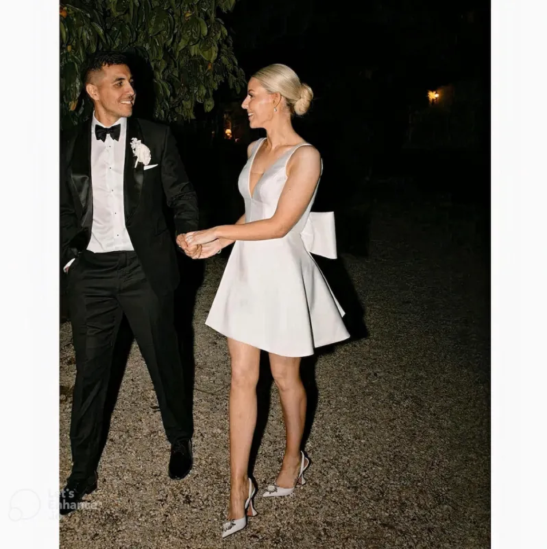 Thessaly | A-Line White Satin V-Neck Short Wedding Dress with Bow sold by KissProm