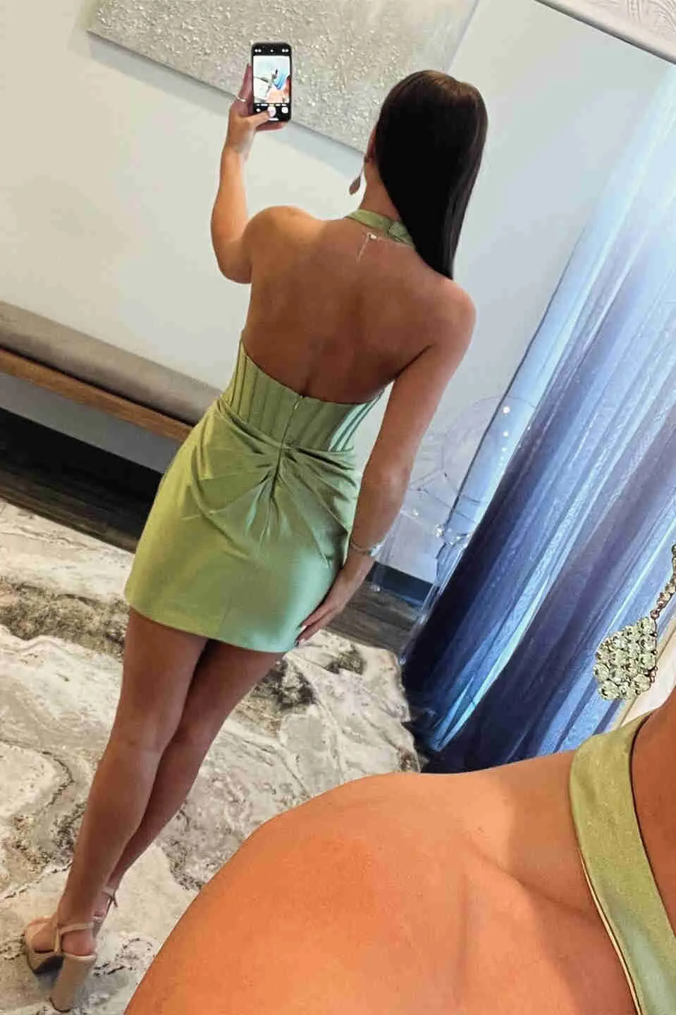 Lucia | Halter Fitted Sage Green Pleated Homecoming Dress with Rosette sold by KissProm product image thumbnail 4