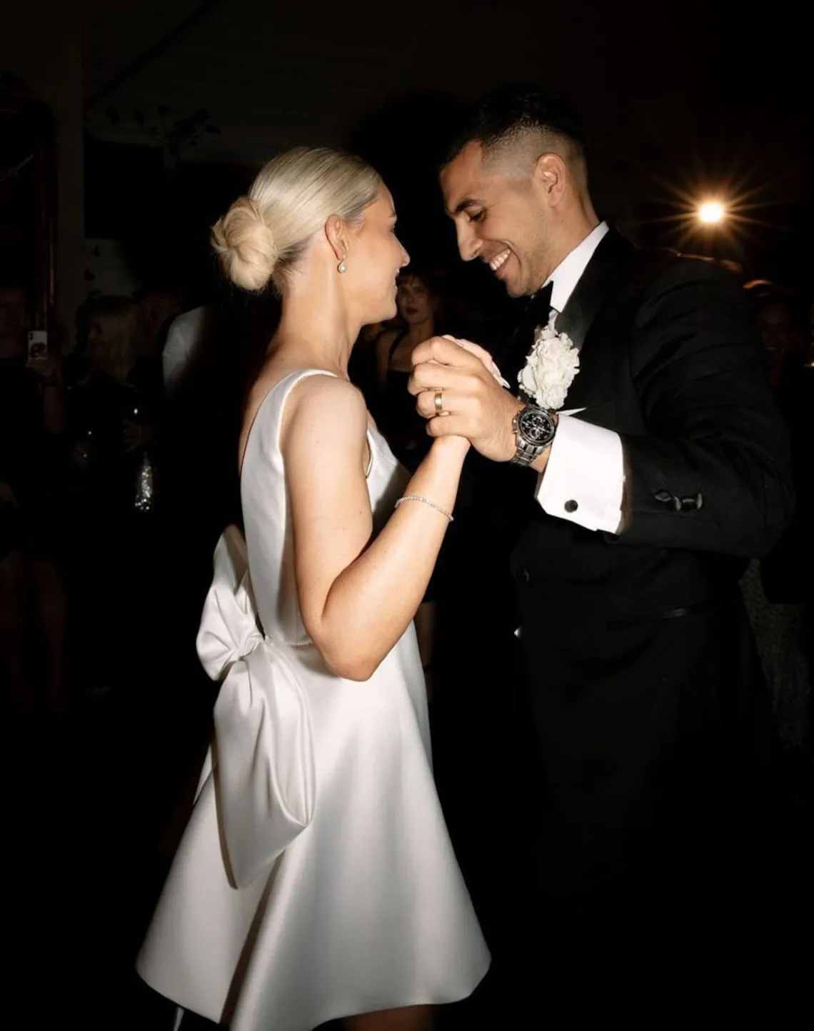 Thessaly | A-Line White Satin V-Neck Short Wedding Dress with Bow sold by KissProm product image thumbnail 3