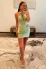 Lucia | Halter Fitted Sage Green Pleated Homecoming Dress with Rosette sold by KissProm