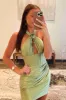 Lucia | Halter Fitted Sage Green Pleated Homecoming Dress with Rosette sold by KissProm