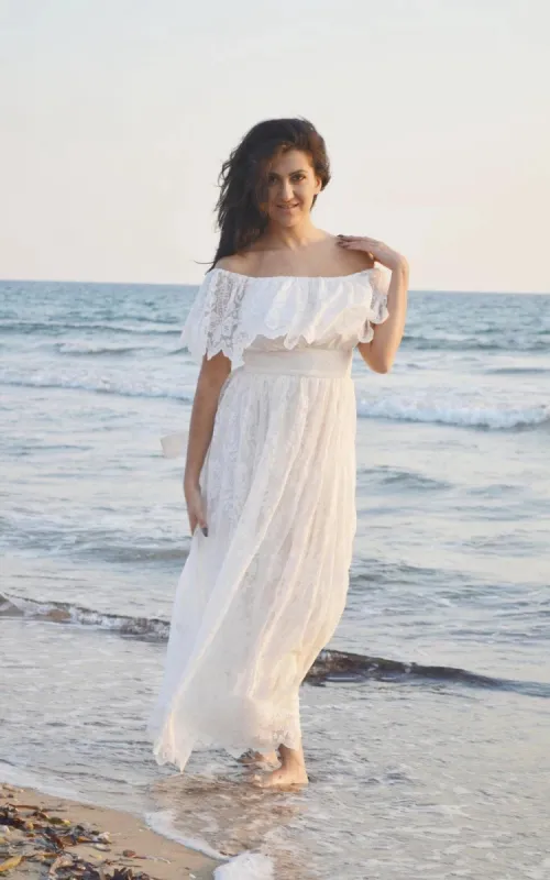 Boho Off-The-Shoulder Empire Anckle-Length Lace Wedding Dress With Sash sold by KissProm