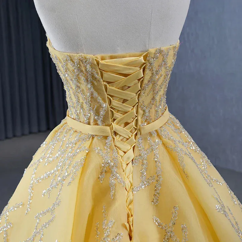 Quinceanera Dress Elegant Yellow Strapless Sequins Ball Gown Lace Up Pleated Evening Dress sold by KissProm product image thumbnail 4