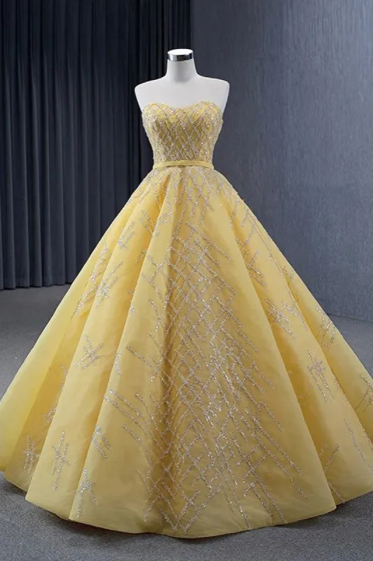 Quinceanera Dress Elegant Yellow Strapless Sequins Ball Gown Lace Up Pleated Evening Dress sold by KissProm