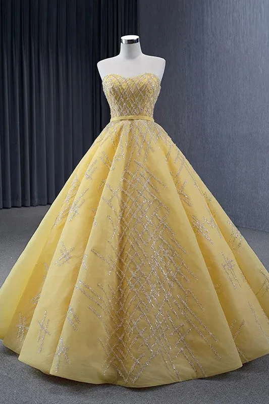 Quinceanera Dress Elegant Yellow Strapless Sequins Ball Gown Lace Up Pleated Evening Dress sold by KissProm