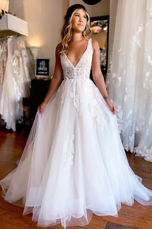 Jaylani | Ivory A-Line Deep V-Neck Backless Long Wedding Dress with Lace sold by KissProm