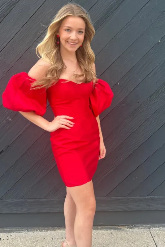 Strapless Red Satin Short Homecoming Dress with Balloon Sleeves sold by KissProm