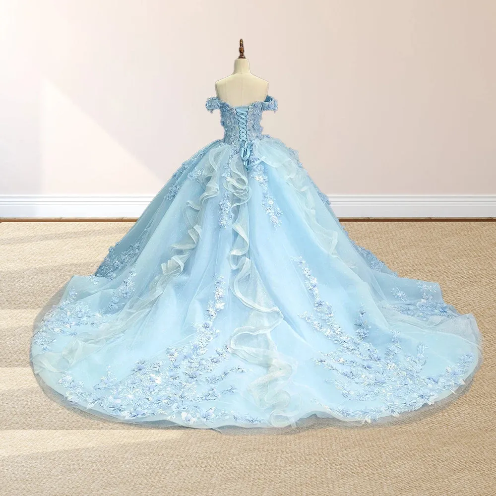 Sky Blue Lace Princess Appliqued Quinceanera Dress sold by KissProm product image thumbnail 5