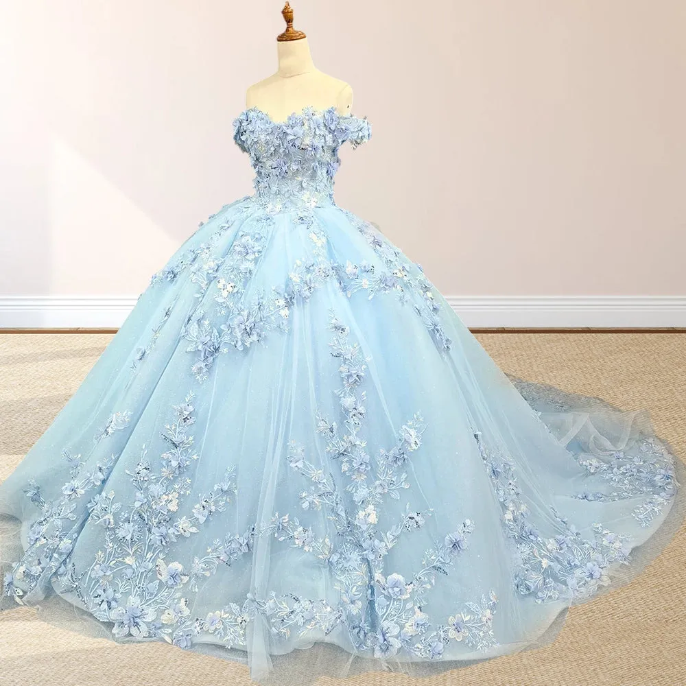 Sky Blue Lace Princess Appliqued Quinceanera Dress sold by KissProm