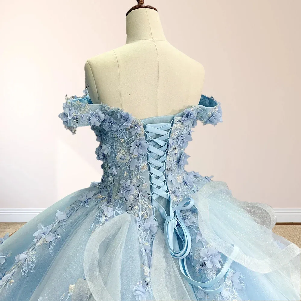 Sky Blue Lace Princess Appliqued Quinceanera Dress sold by KissProm product image thumbnail 2