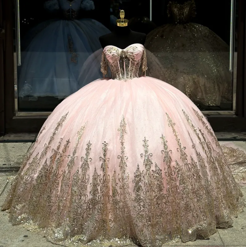Pink Ball Gown Tulle Off-the-Shoulder Quinceanera Dress with Sequins sold by KissProm