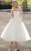 Tea-Length A-Line Bateau Neck Illusion Sleeve Bowed Tulle Wedding Dress sold by KissProm