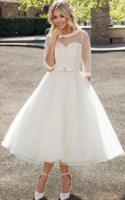 Tea-Length A-Line Bateau Neck Illusion Sleeve Bowed Tulle Wedding Dress sold by KissProm