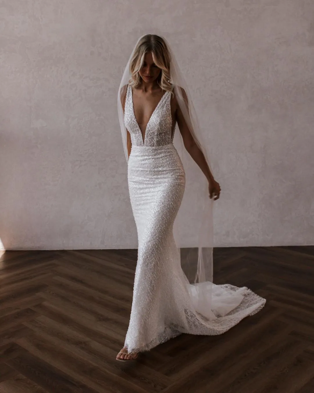 Sparkly Mermaid V Neck Sequins Lace Long Wedding Dresses sold by KissProm product image thumbnail 2