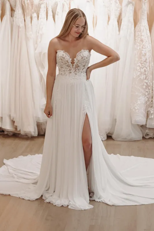 Hayley | White Sweetheart Long Lace Boho Wedding Dress with Slit sold by KissProm