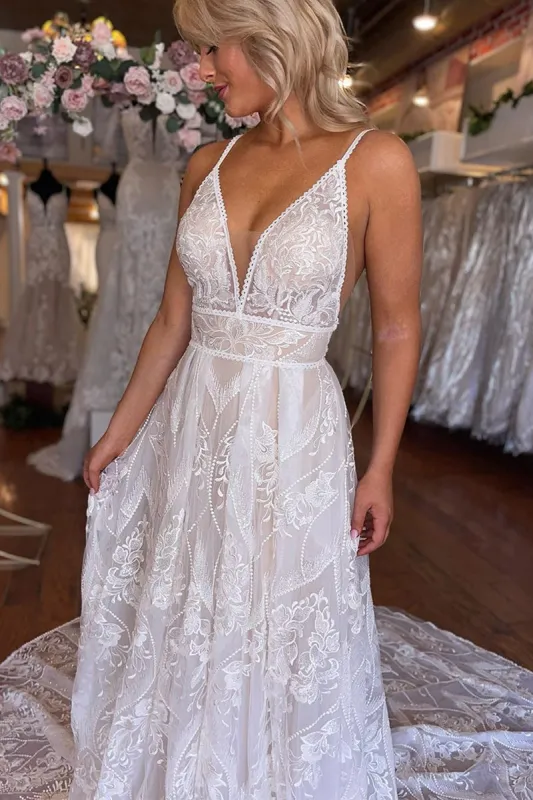 Donna | Boho A-Line V Neck Lace V Neck Wedding Dresses sold by KissProm