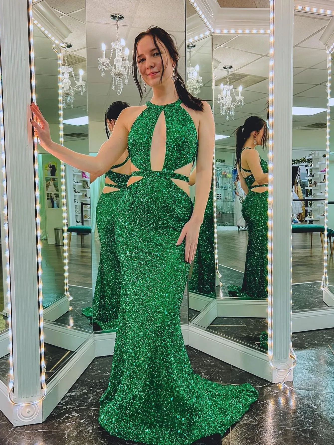 Cutout Mermaid Green Backless Long Prom Dress sold by KissProm product image thumbnail 4