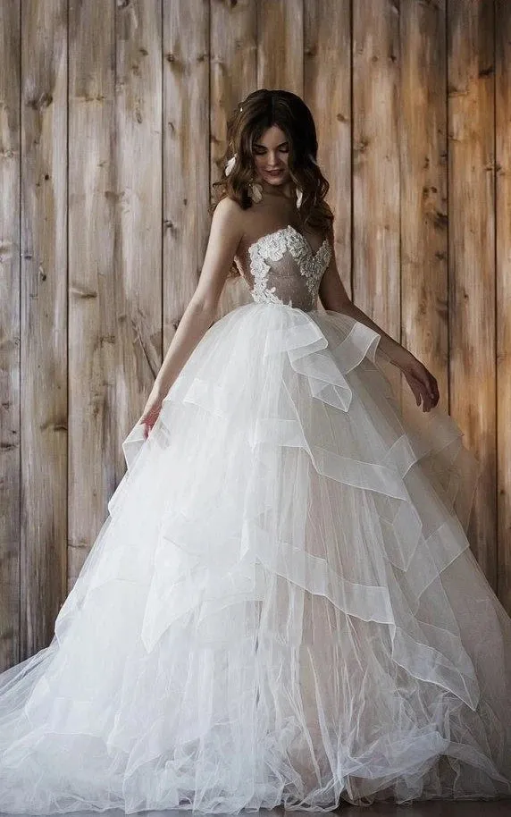 Detachable Floral Princess A-Line Boho Lace Wedding Dress Elegant Chic Sweetheart Court Train Ball Gown sold by KissProm