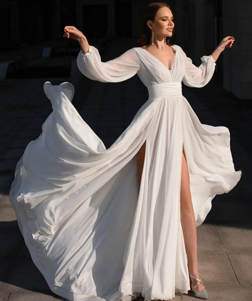 Boho A-Line White V Neck Long Sleeve Wedding Dress sold by KissProm product image thumbnail 3