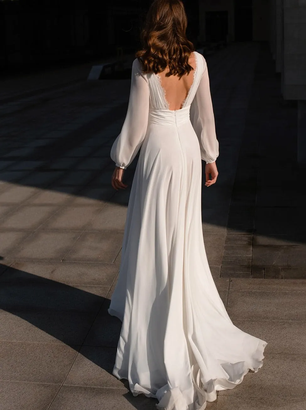 Boho A-Line White V Neck Long Sleeve Wedding Dress sold by KissProm product image thumbnail 4