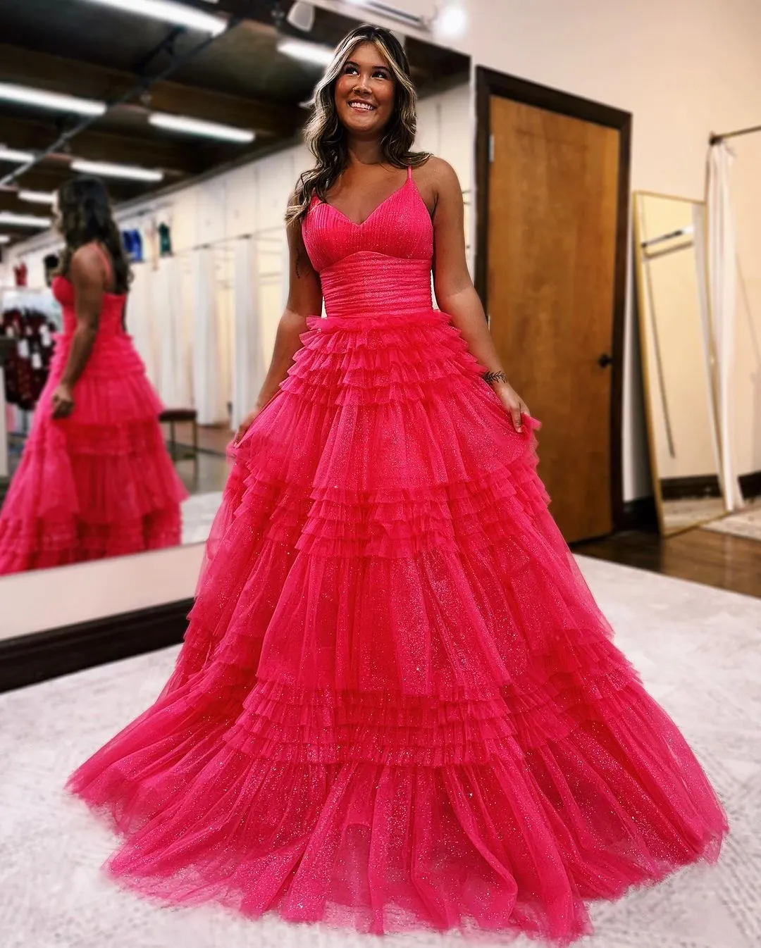 Emerson |A-Line Deep V Neck Tiered Long Glitter Tulle Prom Dress sold by KissProm product image thumbnail 5