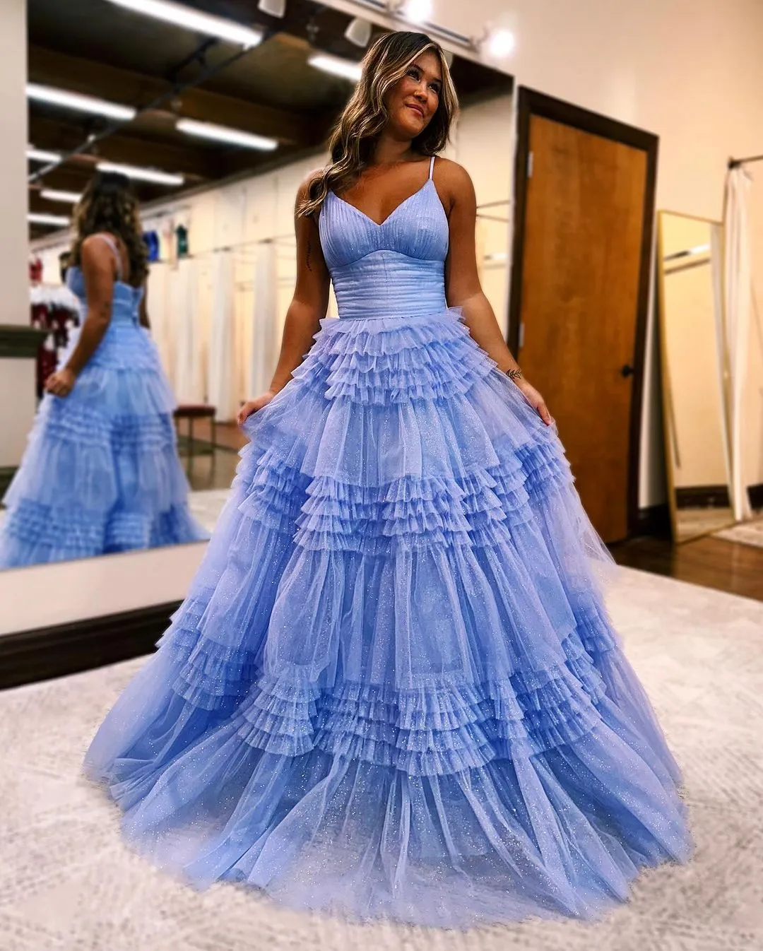 Emerson |A-Line Deep V Neck Tiered Long Glitter Tulle Prom Dress sold by KissProm product image thumbnail 4