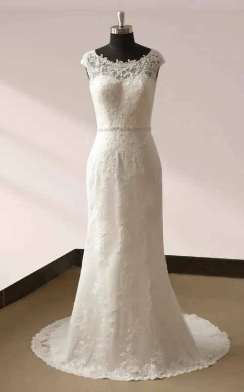 Bateau Neck Cap Sleeve Fit and Flare Lace Wedding Dress sold by KissProm
